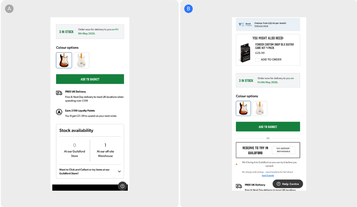 Surfacing the Reserve-to-Try Option on Andertons' Product Page