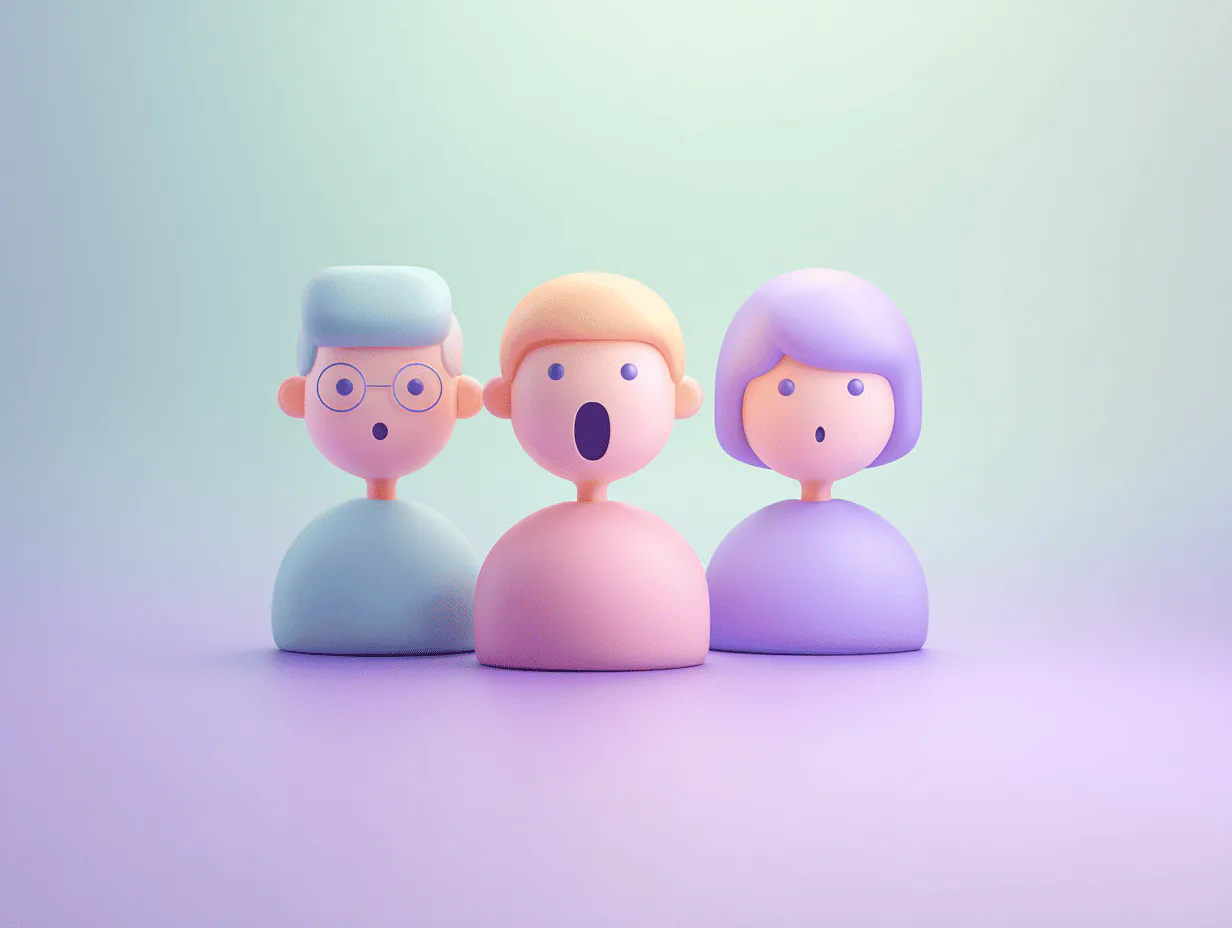 Three characters with surprised expressions, representing how strong Google ad copy captures attention and triggers immediate reactions.