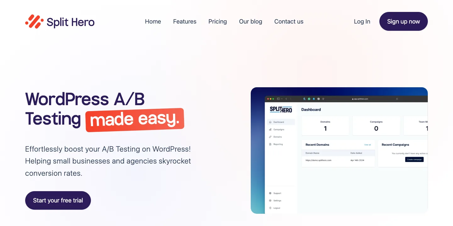 Split Hero WordPress A/B testing homepage