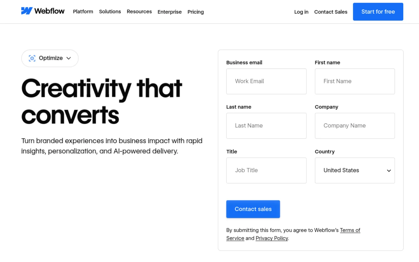 Webflow Optimize homepage screenshot