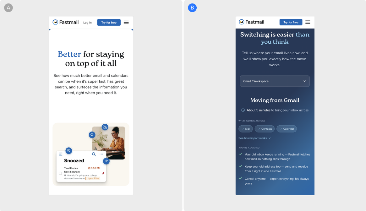Closing the switching-confidence gap on Fastmail's homepage