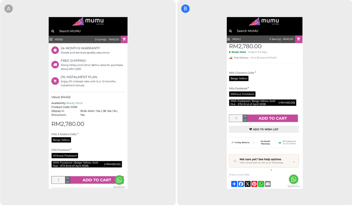 Consolidating Trust Signals on Mumu Living's Product Page — Reducing Hesitation at the High-Value Add to Cart Decision